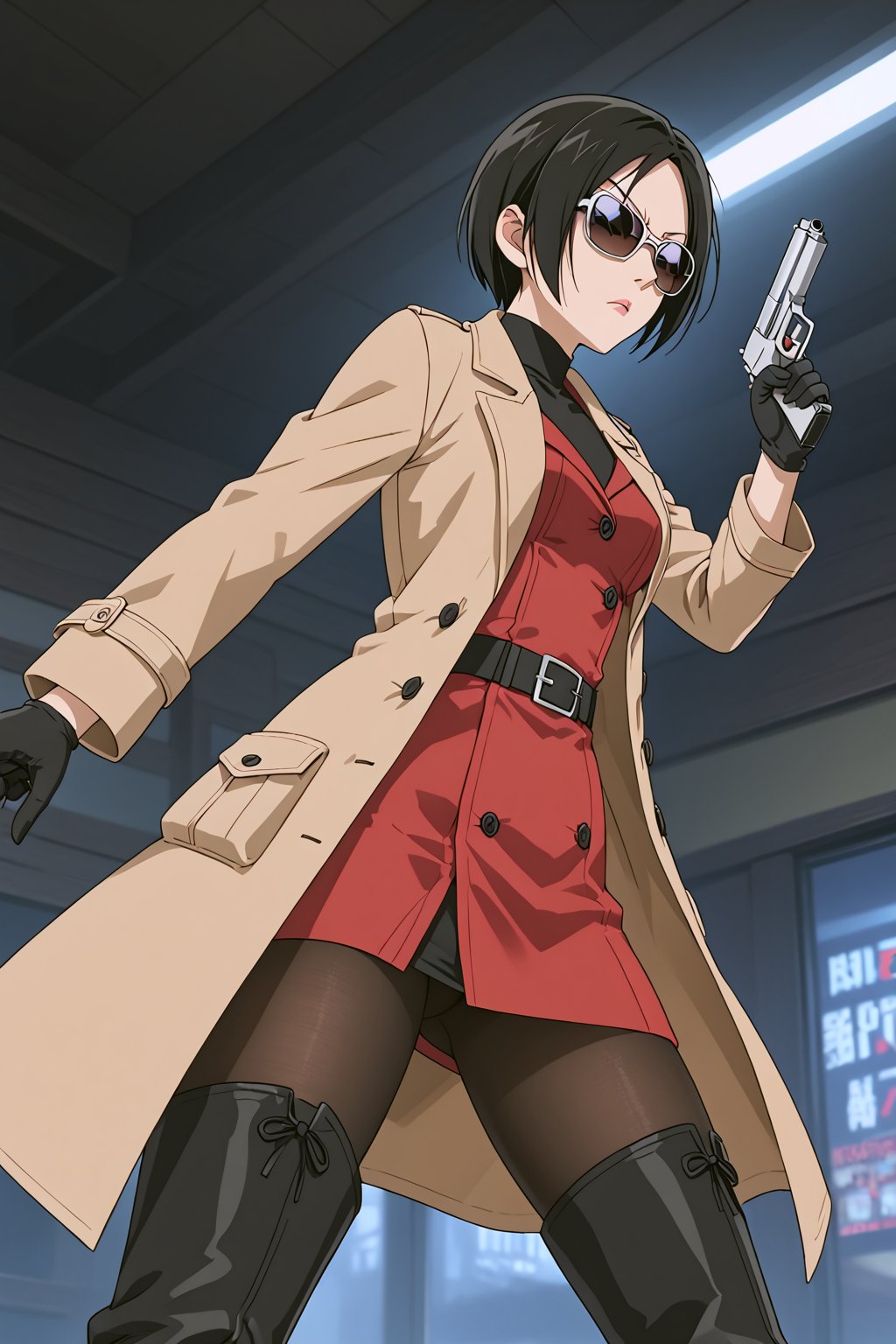 score_9,score_8_up,score_7_up,source_resident_evil_2,ada wong,solo, (brown trenchcoat,thigh boots,black pantyhose,black gloves,sunglasses,one handgun),serious,action shot,gunshot,dynamic_pose,action_pose,indoors,horror_themed,dark,night,dark atmosphere,spooky,viewed_from_side,low-angle_shot,official anime screenshot,official anime screencap,source_anime