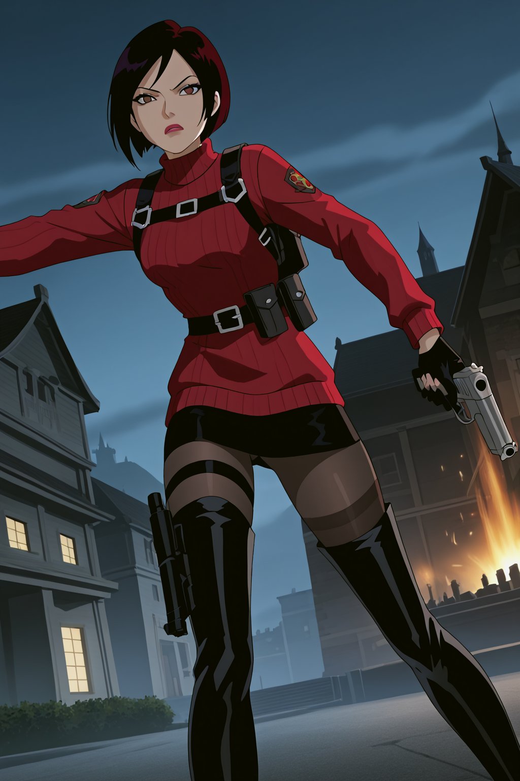 score_9,score_8_up,score_7_up,source_resident_evil_4,ada wong,solo, (burgundy_sweater,thigh boots,black pantyhose,holster,harness,black gloves,one handgun),serious,action shot,gunshot,dynamic_pose,action_pose,inside_castle,horror_themed,dark,night,fog,viewed_from_side,low-angle_shot,official anime screenshot,official anime screencap,source_anime,dcaustyle