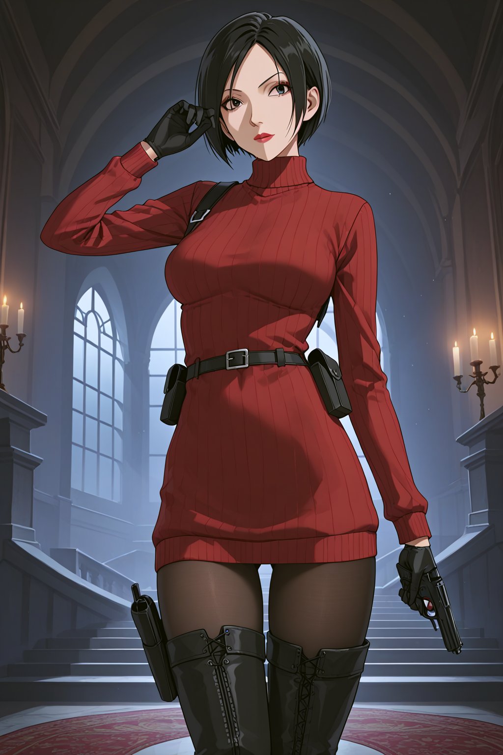 score_9, score_8_up, score_7_up, source_resident_evil_4,1girl,solo, ada wong, (burgundy sweater, thigh boots, black pantyhose, sunglasses,holster, black gloves,handgun),inside castle, dynamic_pose, horror themed, dark,night,fog