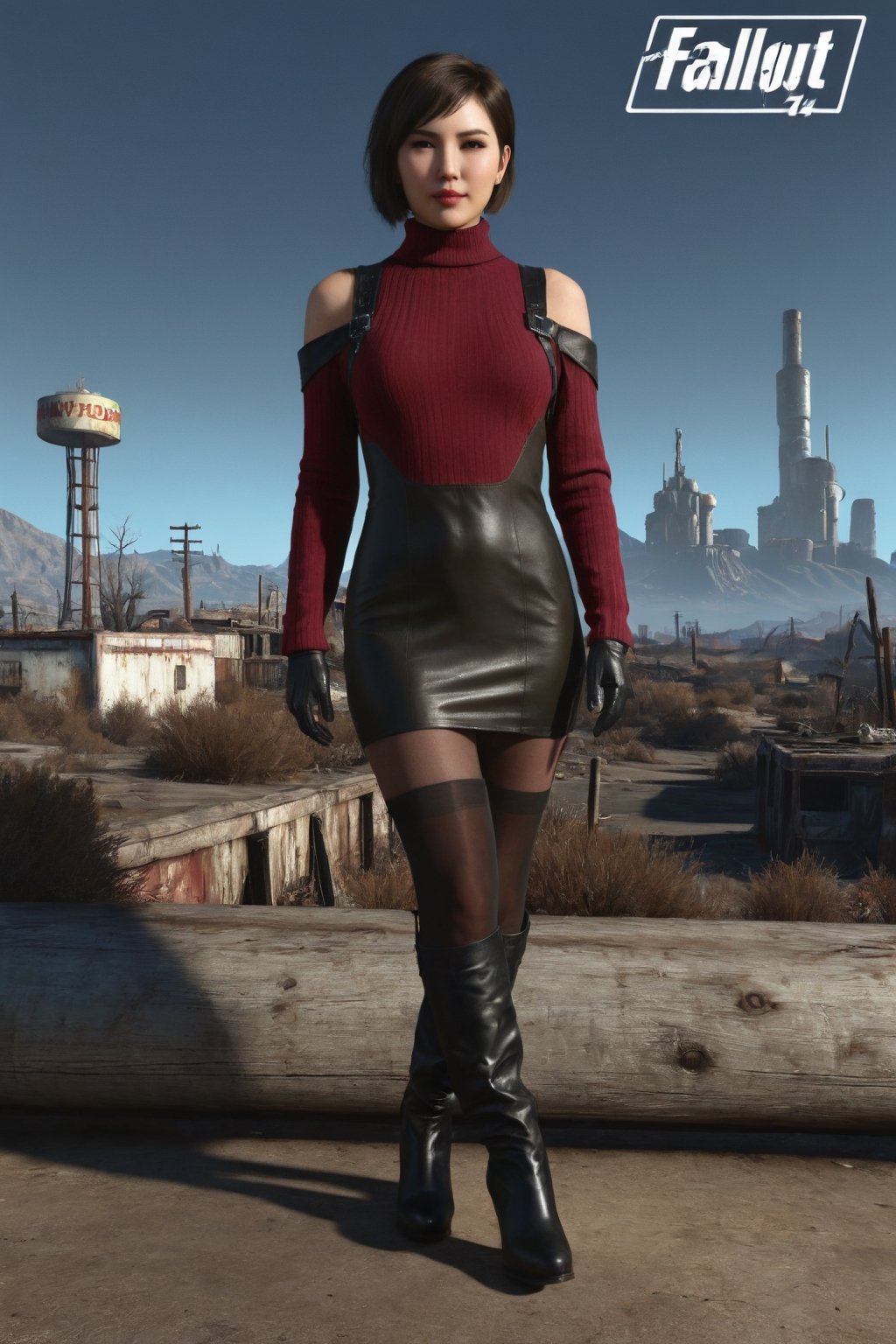 ((((Fallout_4_style)))), 24yo chinese girl, with BLACK asymmetrical blunt bobcut, (black eyeshadow), wearing (burgundy turtleneck sweater dress) with ((black_harness)), ((((black nylon pantyhose)))) under, (((long Black leather thighhigh boots))), in apocalyptic ((wastecity)), smirk, volumetric lighting, Render this image in 8K Extremely Realistic, Ensure the image is in 8K resolution, maintaining an 8K RAW photo level quality, treated as a masterpiece. ensuring the render is extremely realistic and detailed, following the high standards of SDXL. Enhance the realism and detail of the hands (Perfect hands:1.2), Fallout_4_logo