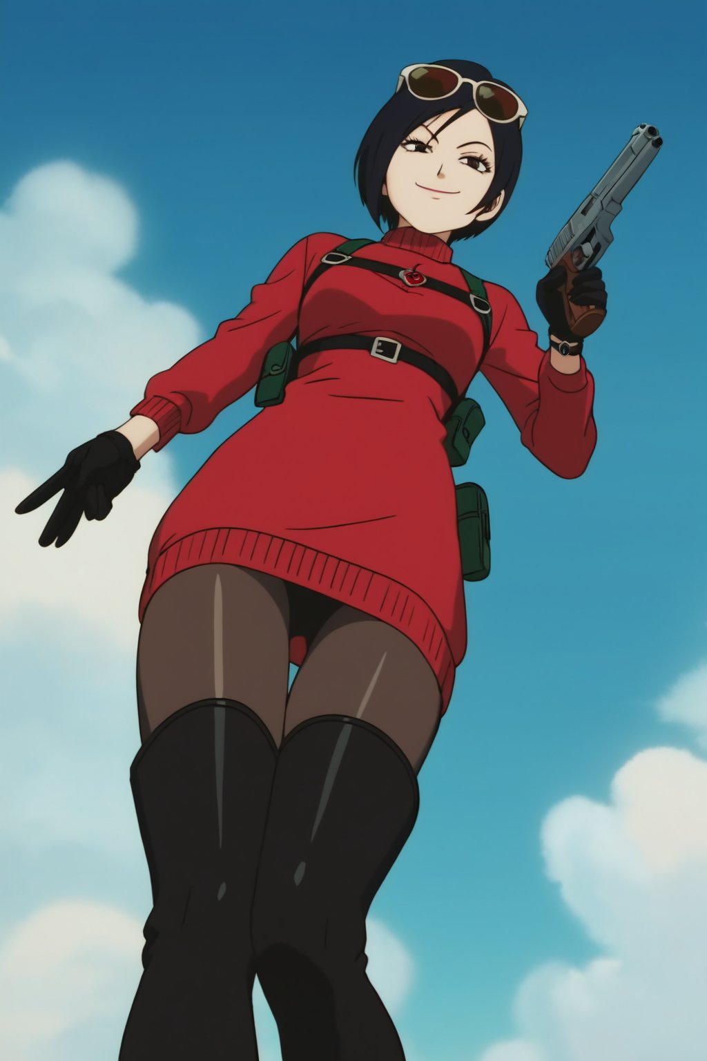 score_9,score_8_up,score_7_up,ada wong,solo, (burgundy sweater,thigh boots,black pantyhose,holster,harness,black gloves,sunglasses on head,handgun,aiming,smug,viewed_from_below,official anime screenshot,official anime screencap,source_anime,drgbls1