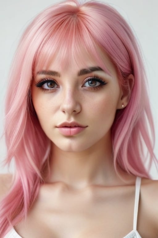 ULTRARELISTIC BEAUTIFUL WOMAN, BLACK EYES AND PINK HAIR, Extremely realistic, photorealistic