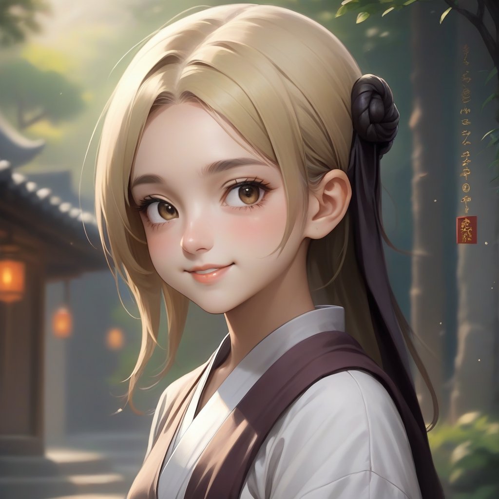 can you change woman to a buddhist nun with 
hair 
a little bit more smile 
change cloth clour to more brigheer clour 

,xxmix_girl,EpicArt,little_cute_girl