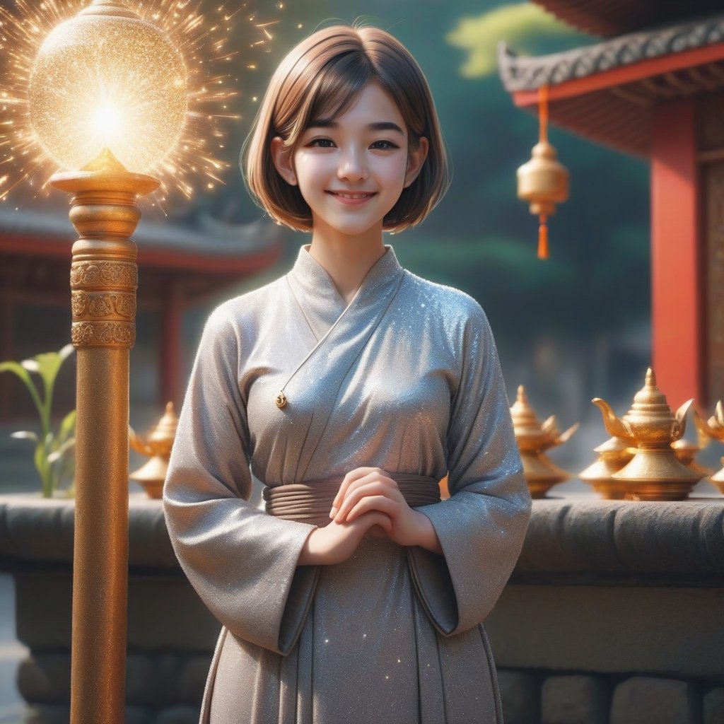 can you change woman to a buddhist nun with 
hair 
a little bit more smile 
short hair in different places and postures 
change cloth clour to more brigheer clour 
dress more,cover body
,xxmix_girl,EpicArt,little_cute_girl,glitter