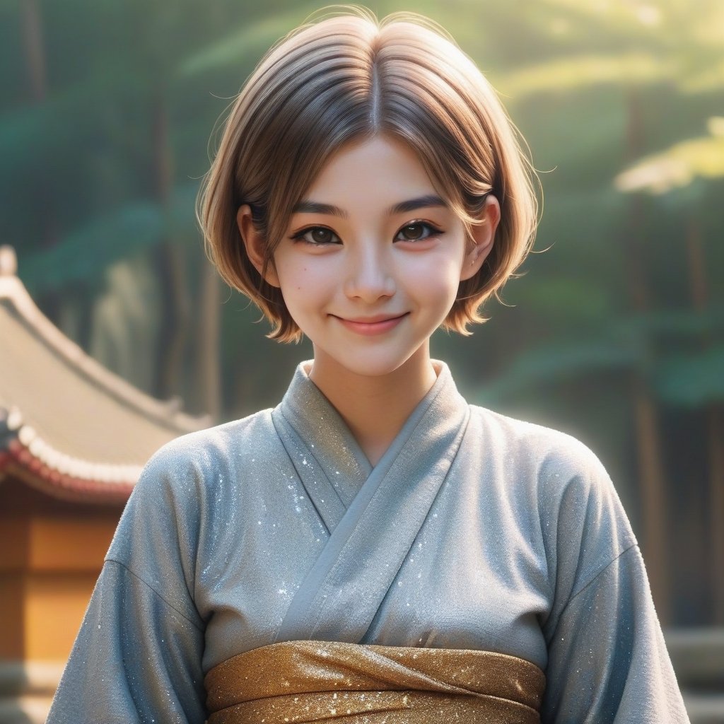 can you change woman to a buddhist nun with 
hair 
a little bit more smile 
short hair in different places and postures 
change cloth clour to more brigheer clour 

,xxmix_girl,EpicArt,little_cute_girl,glitter