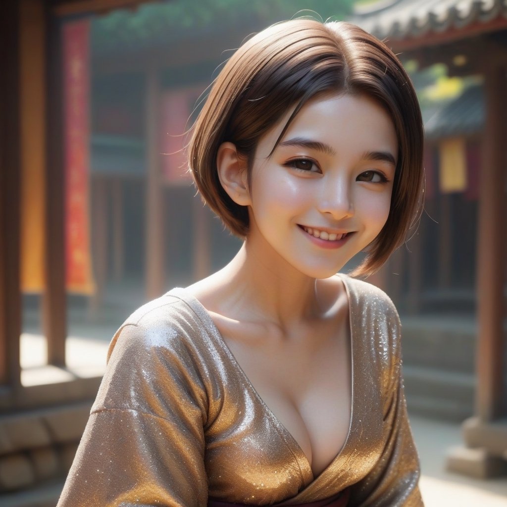 can you change woman to a buddhist nun with 
hair 
a little bit more smile 
short hair in different places and postures 
change cloth clour to more brigheer clour 

,xxmix_girl,EpicArt,little_cute_girl,glitter