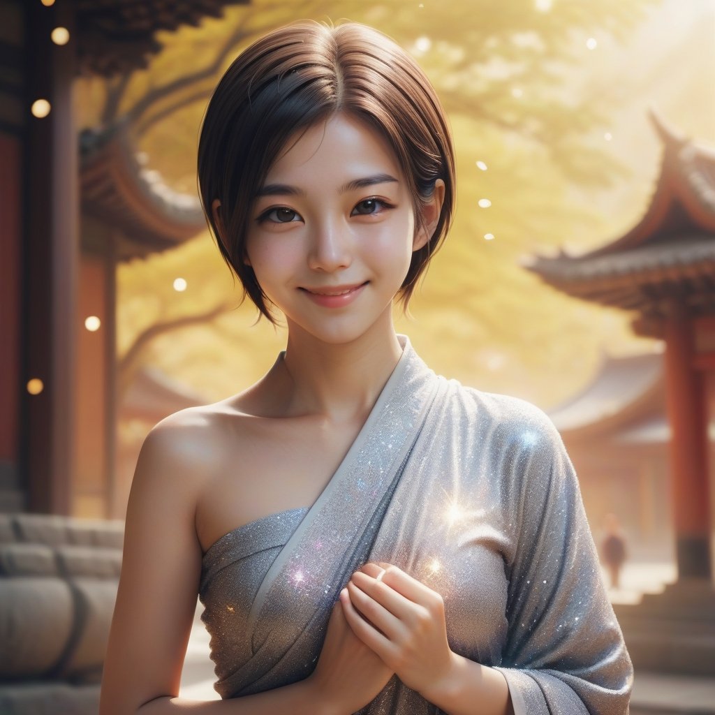 can you change woman to a buddhist nun with 
hair 
a little bit more smile 
short hair in different places and postures 
change cloth clour to more brigheer clour 

,xxmix_girl,EpicArt,little_cute_girl,glitter