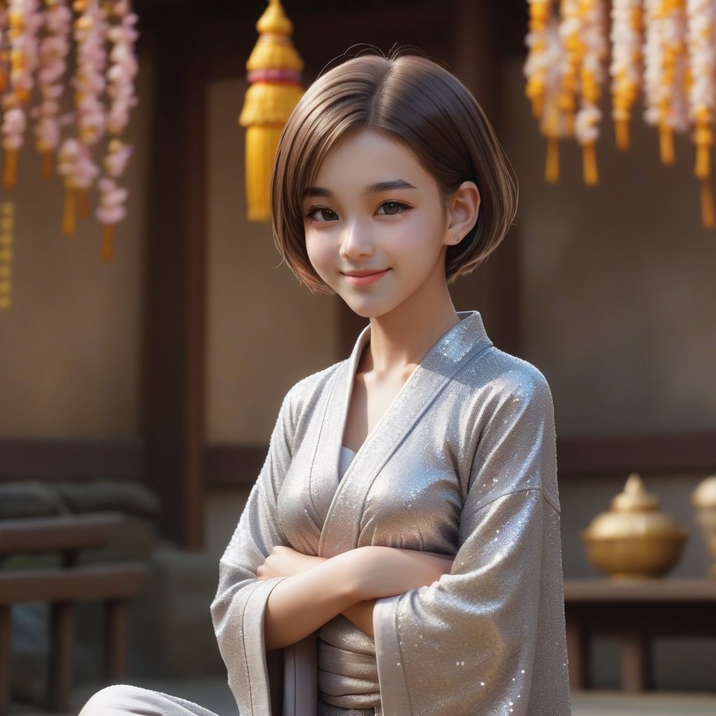 can you change woman to a buddhist nun with 
hair 
a little bit more smile 
short hair in different places and postures 
change cloth clour to more brigheer clour 
show whole body
,xxmix_girl,EpicArt,little_cute_girl,glitter