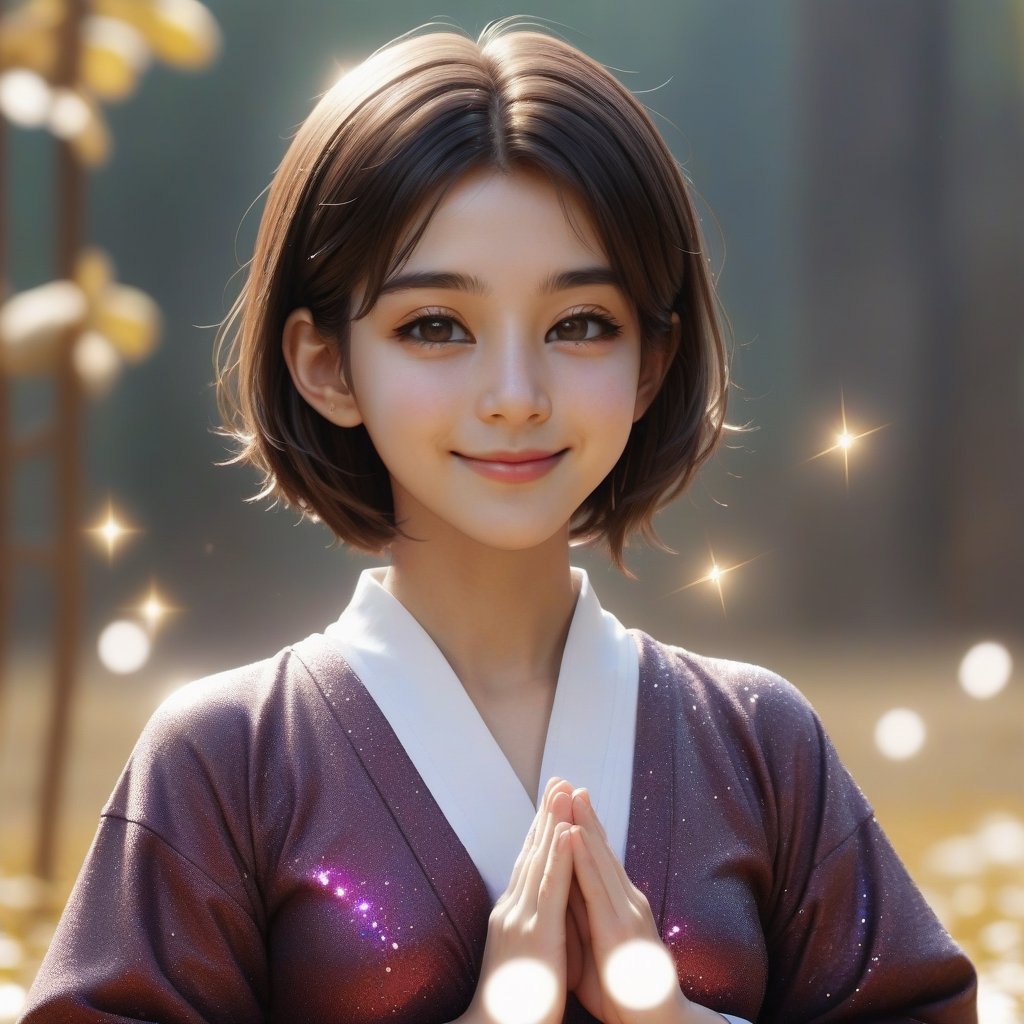 can you change woman to a buddhist nun with 
hair 
a little bit more smile 
short hair in different places and postures 
change cloth clour to more brigheer clour 

,xxmix_girl,EpicArt,little_cute_girl,glitter