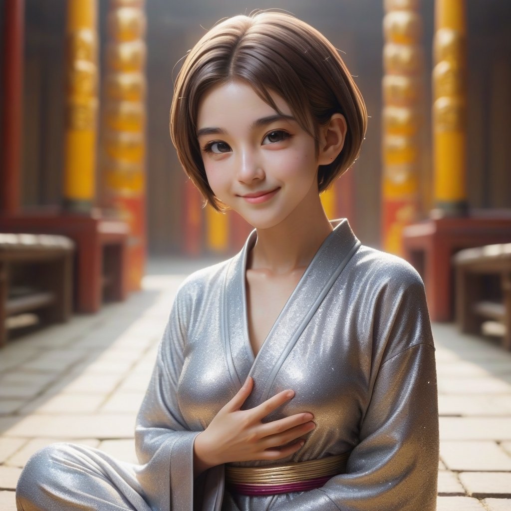 can you change woman to a buddhist nun with 
hair 
a little bit more smile 
short hair in different places and postures 
change cloth clour to more brigheer clour 

,xxmix_girl,EpicArt,little_cute_girl,glitter