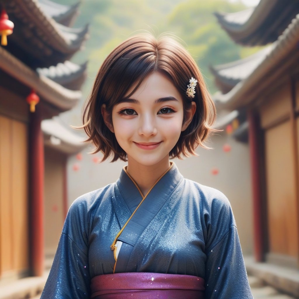 can you change woman to a buddhist nun with 
hair 
a little bit more smile 
short hair in different places and postures 
change cloth clour to more brigheer clour 

,xxmix_girl,EpicArt,little_cute_girl,glitter