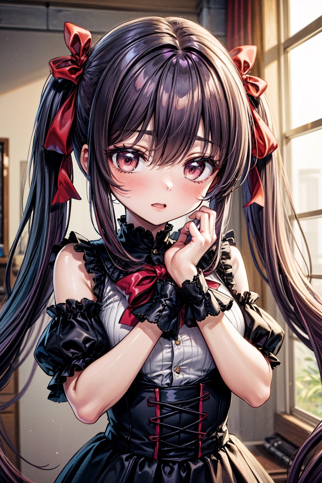 girl, dark purple hair, red eyes, two pigtails with red bows, innocent
,yandere trance