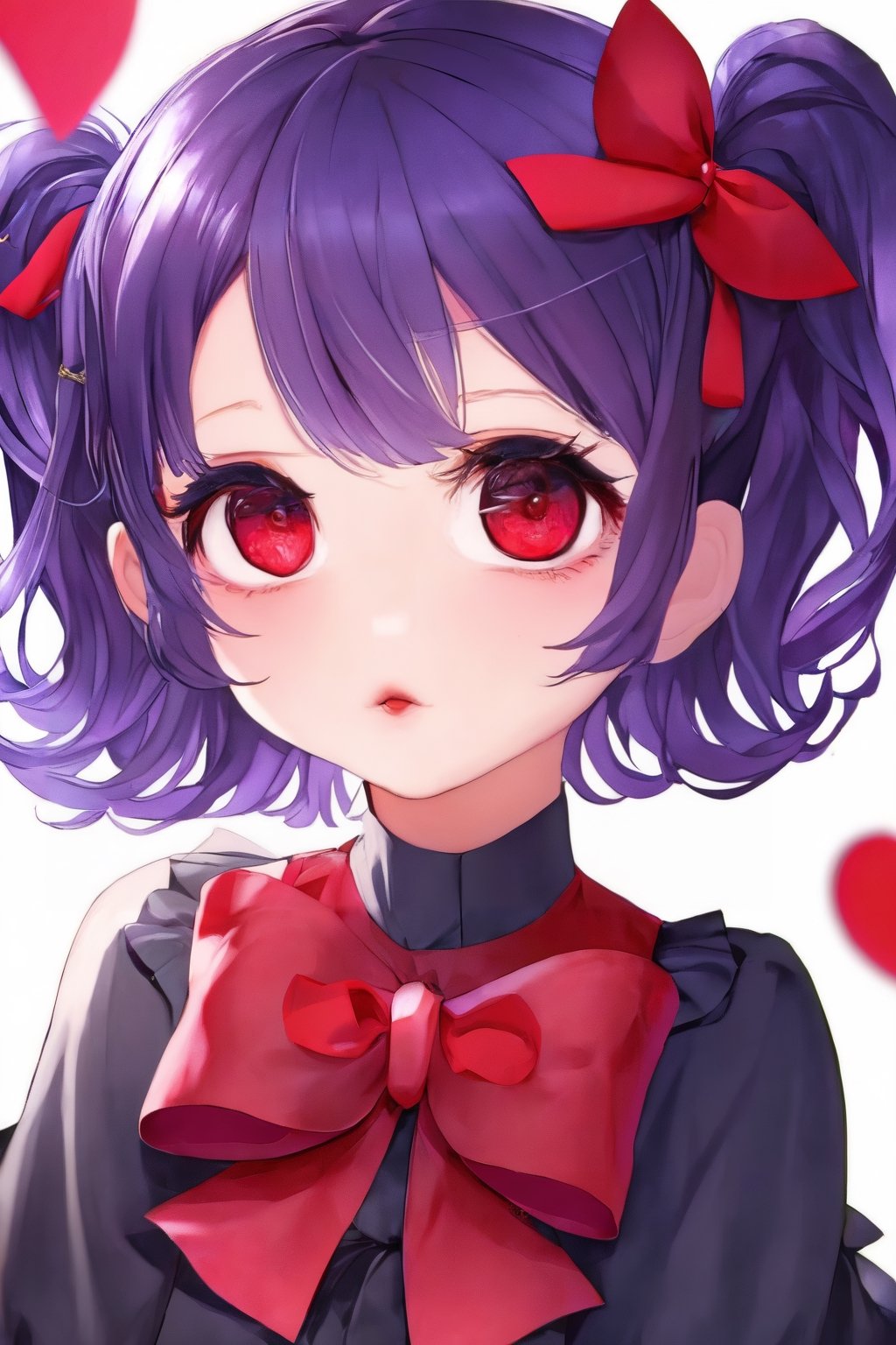 girl, dark purple hair, red eyes, two pigtails with red bows, innocent
