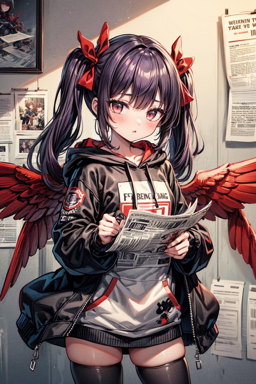 girl, dark purple hair, red eyes, two pigtails with red bows, innocent
,newspaper wall,BlackworkStyleManityro,edgGaruda_hoodie,Mecha body