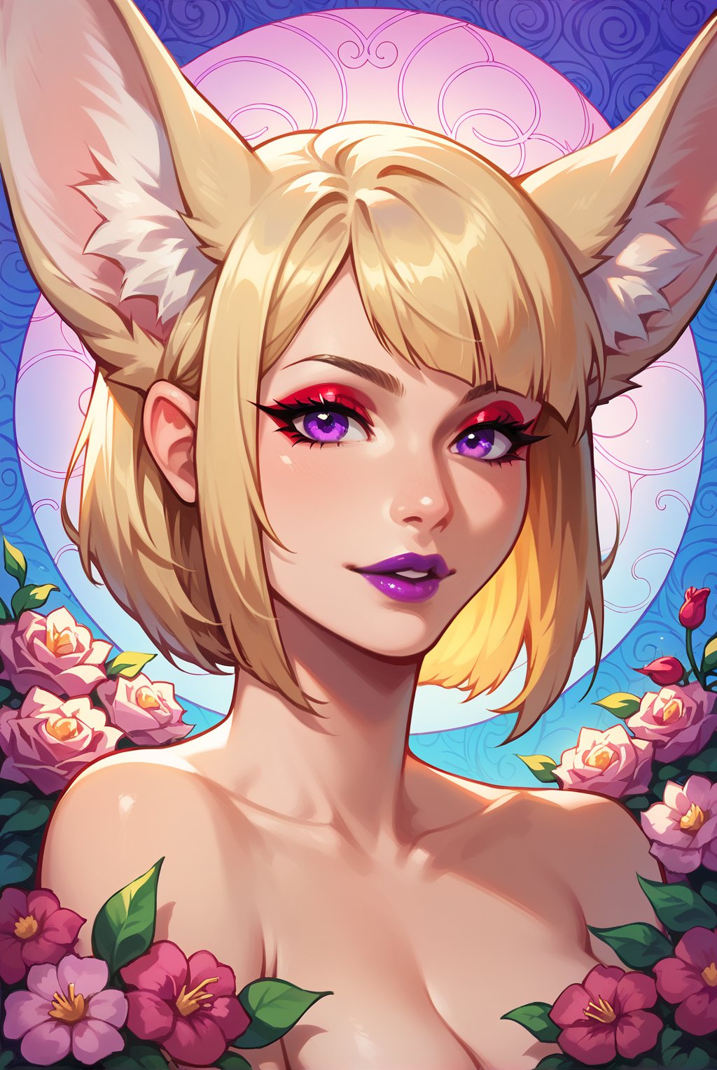 score_9, score_8_up, score_7_up, 1girl, animal ears, fennec ears, blonde hair, bob cut, red eyeshadow, purple eyes, purple lips, portrait, flower background, intricate background, vibrant colors