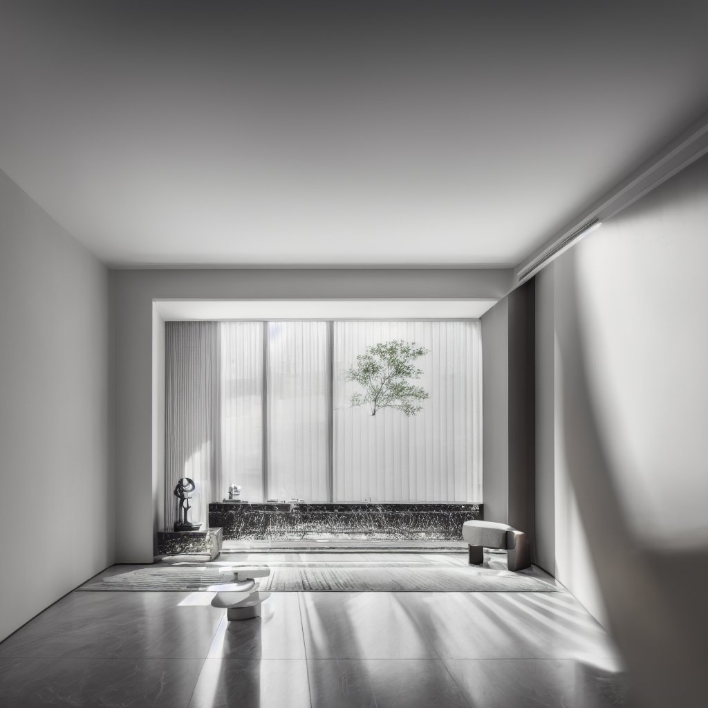 (Masterpiece), (High Quality), Best Quality, Authentic, (Realistic), Super Detailed, (Full Detail), (8k), Interior, Living Room, Modern Minimalist, 2024, White,Indoor Grey,sun glare