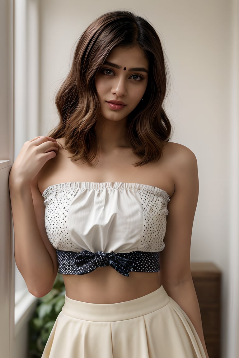 indoor, beautiful cute young attractive  indian bangali girl, 23 years old, cute,Sexy pose is poised and elegant. She is wearing a matching two-piece outfit consisting of a polka dot crop top and a high-waisted skirt. The crop top is strapless with a knot detail in the front, adding a playful touch. The skirt is ruched and fitted, with a ruffled hem, giving it a flirty and feminine look. Her hair is styled in voluminous, loose curls, cascading down her shoulders. She has a high half-up hairstyle