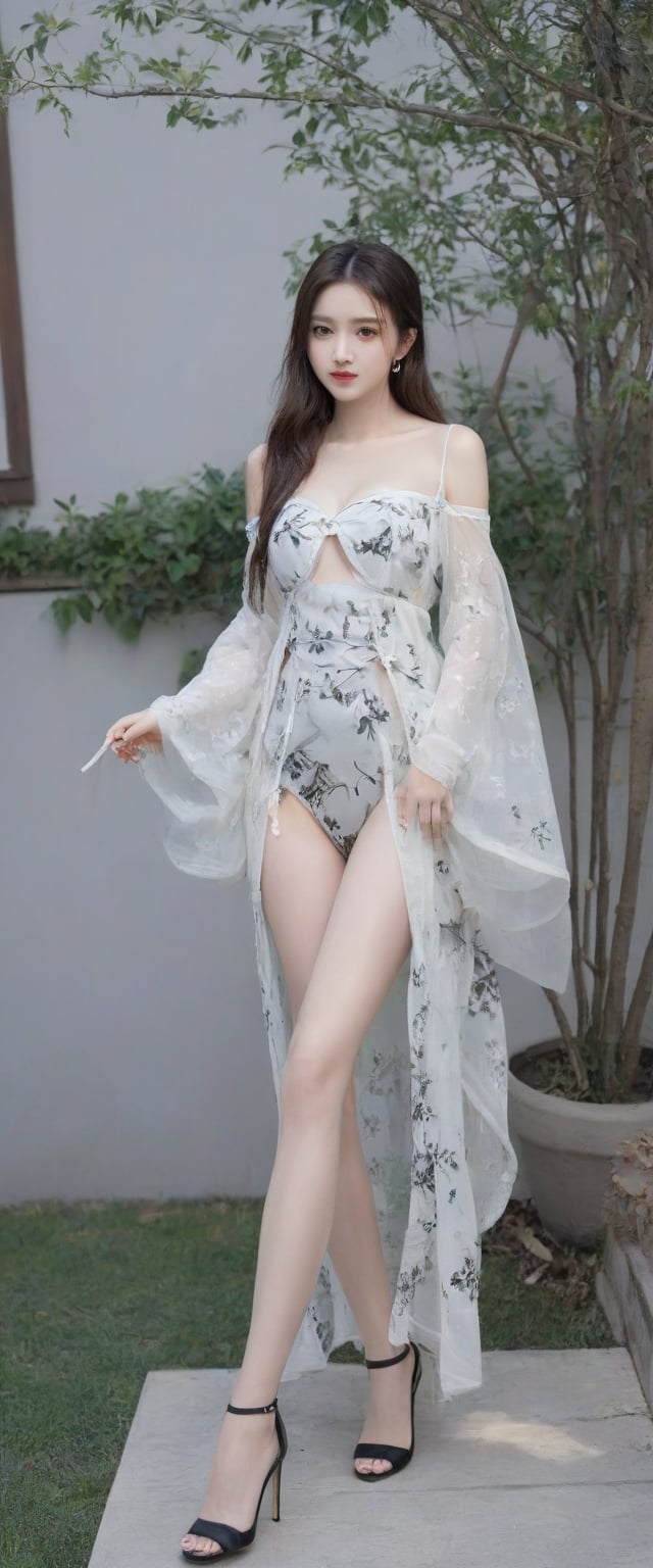 8k wallpaper, busty girl, night out, off-shoulder gauze Hanfu, robe, bikini, silk garter, whole body, high heels, courtyard, branches, flowers, grass, (black and white ink painting: 2.0), more details XL