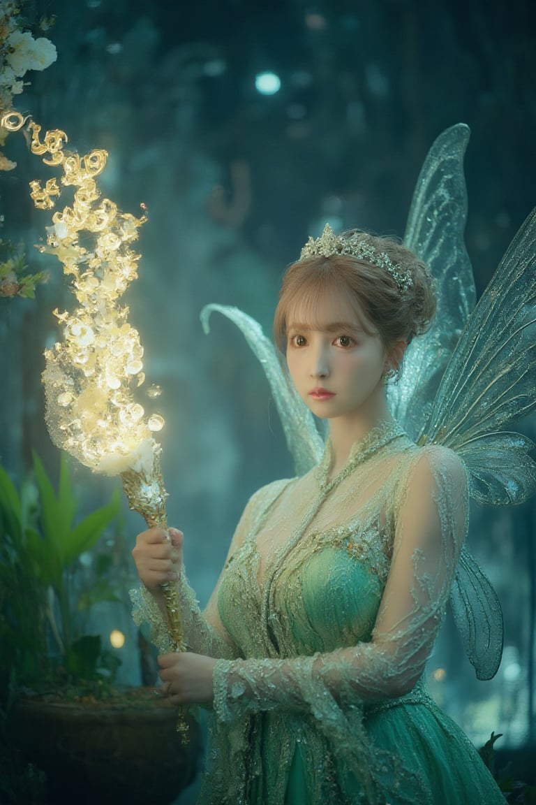 Realistic Asian Tinkerbell with elegant updo hair and green lace outfit. (She gracefully waved her glowing wand, composed of glittering gold letters
"三上悠亞"
of words. Her delicate wings sparkle in the moonlight, and there is a cloud of fairy dust behind her). The night sky is filled with stars, creating a dreamy atmosphere. movie lighting,