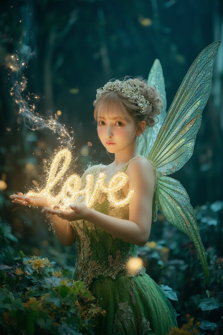 Realistic Asian Tinkerbell with elegant updo hair and green lace outfit. (She gracefully waves her glowing magic wand, forming the sparkling word "LOVE" in gold letters. Her delicate wings shine in the moonlight, and behind her lies a cloud of fairy dust). The night sky is full of stars, creating a fantastic atmosphere. movie lighting,