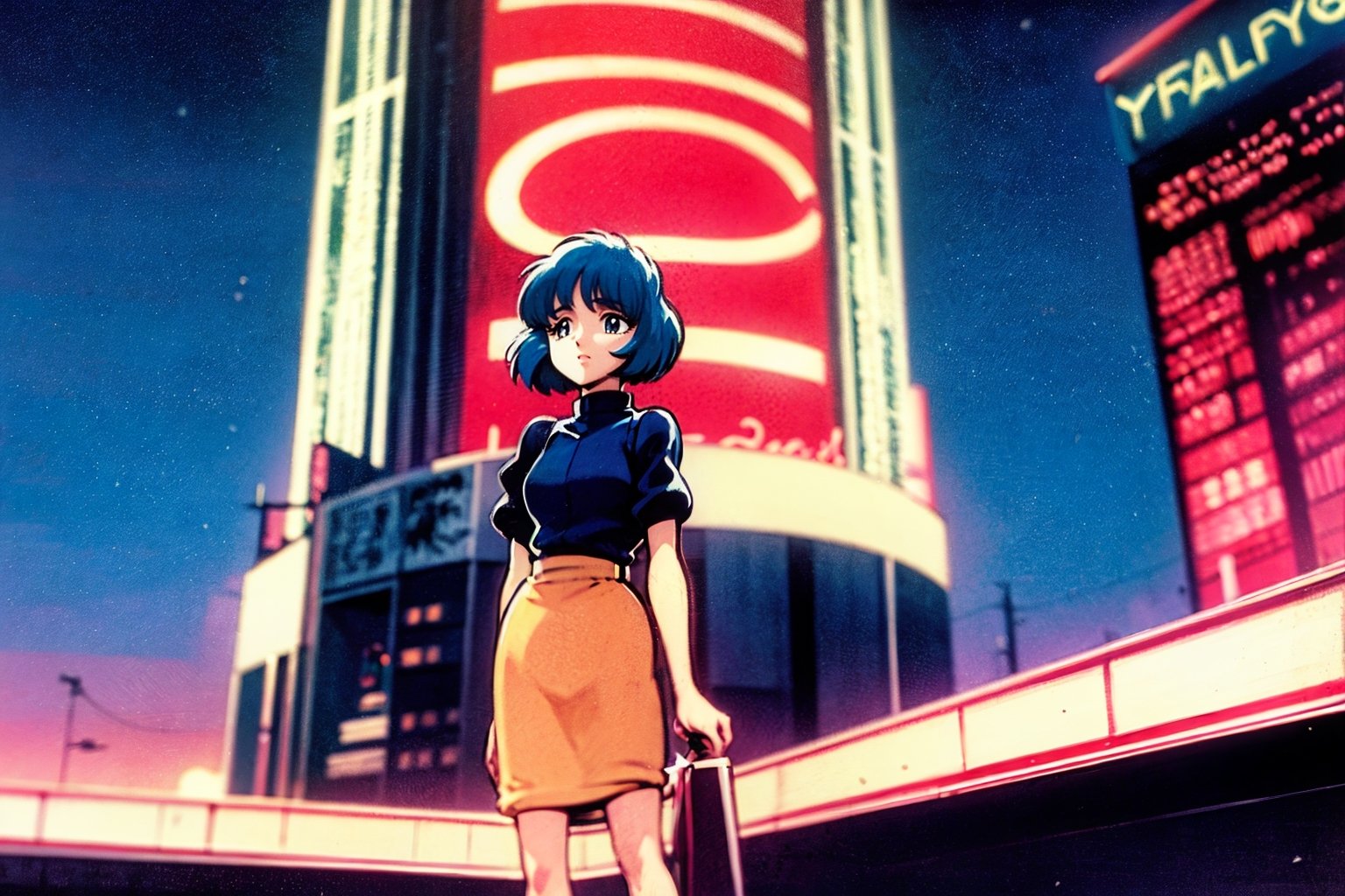 Ghibli movies, 90s, 80s anime, retro style, pastel colors, lo-fi art,
 Cyberpunk City, Neon Tube, Blue Hair, Cute Face Girl, Stand Up,
twilight city, city sign glowing, wide-angle shooting, high resolution, high quality, high definition, 4K, 8K,80s,00s,1990s (style)
