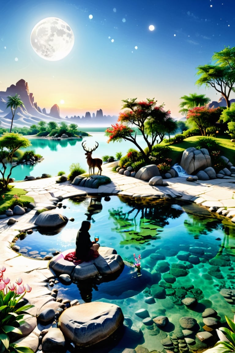 an landscape,there is a hut and a deer and its two children,a masterpiece photography , an oasis with a spring in the middle of the forest with clear bluish green water, there is a big spring, you can see rocks in the water. The sand is white, around the oasis there are trees big banyan and bushes, around it there is grass, colorful flowers, neatly arranged rocks, deer on top of the oasis and drinking water, there is a girl wearing a hijab who sits with a happy face on the edge of the oasis. Seeing the clear water, the night atmosphere is brightly lit by light Full Moon, 16k, uhd, more detail XL, Very Realistic