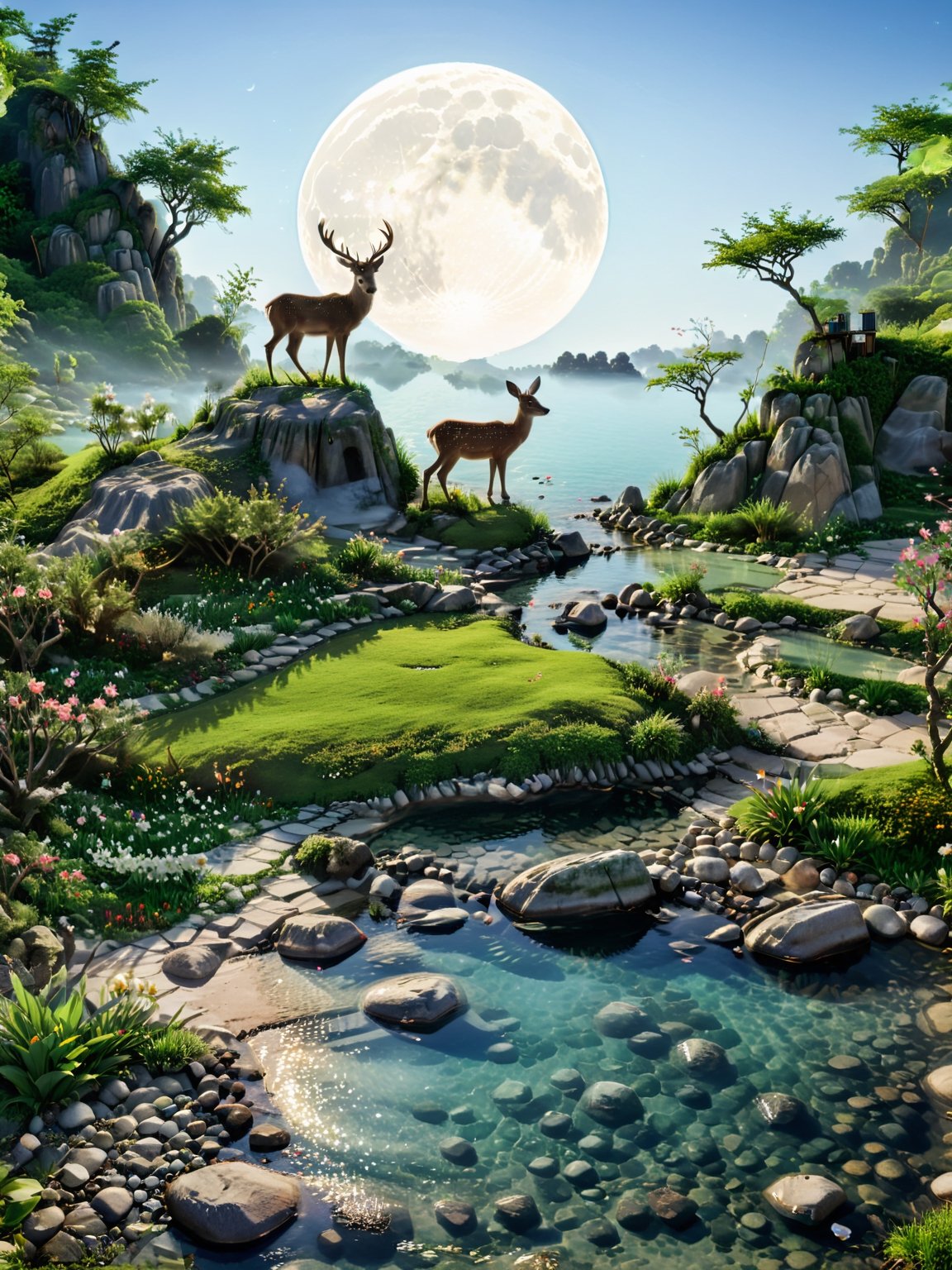 a photography,there is a hut and a deer and its two rabbit,a masterpiece, an oasis with a spring in the middle of the forest with clear bluish green water, there is a big spring, you can see rocks in the water. The sand is white, around the oasis there are trees big banyan and bushes, around it there is grass, colorful flowers, neatly arranged rocks, deer on top of the oasis and drinking water. Seeing the clear water, the night atmosphere is brightly lit by light Full Moon, 16k, uhd, more detail XL, very detail,focus and carefully,Very Realistic,shot from hasselblad camera,camera_view,camera Canon EOS 6D Mark II