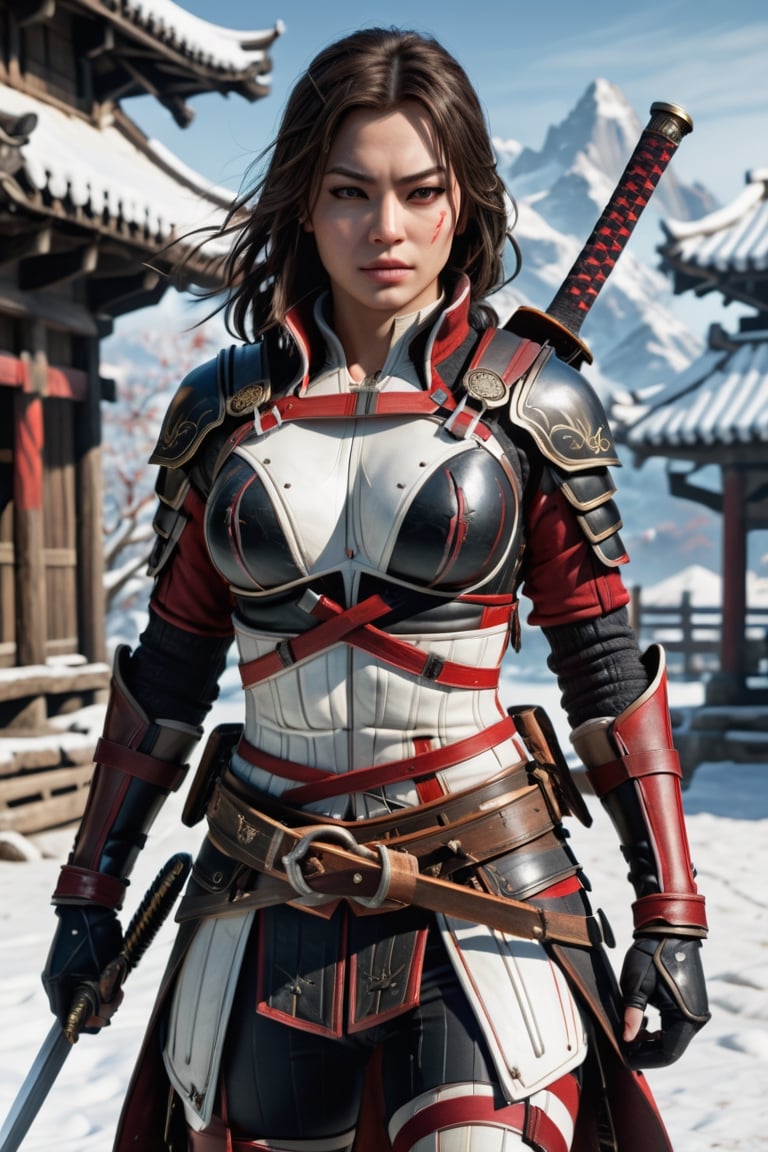 Sexy female assassin creed,samurai sword on their backs, 1girl, winter_clothes, leggings ,((carved breastplate)),black clothes, Red and white lines, Big ass , Large hips, Hourglass figure, high_resolution, high detail, perfect body, front view,style,Movie Still,Film Still,Cinematic, Ultra HD,realism, hasselblad 