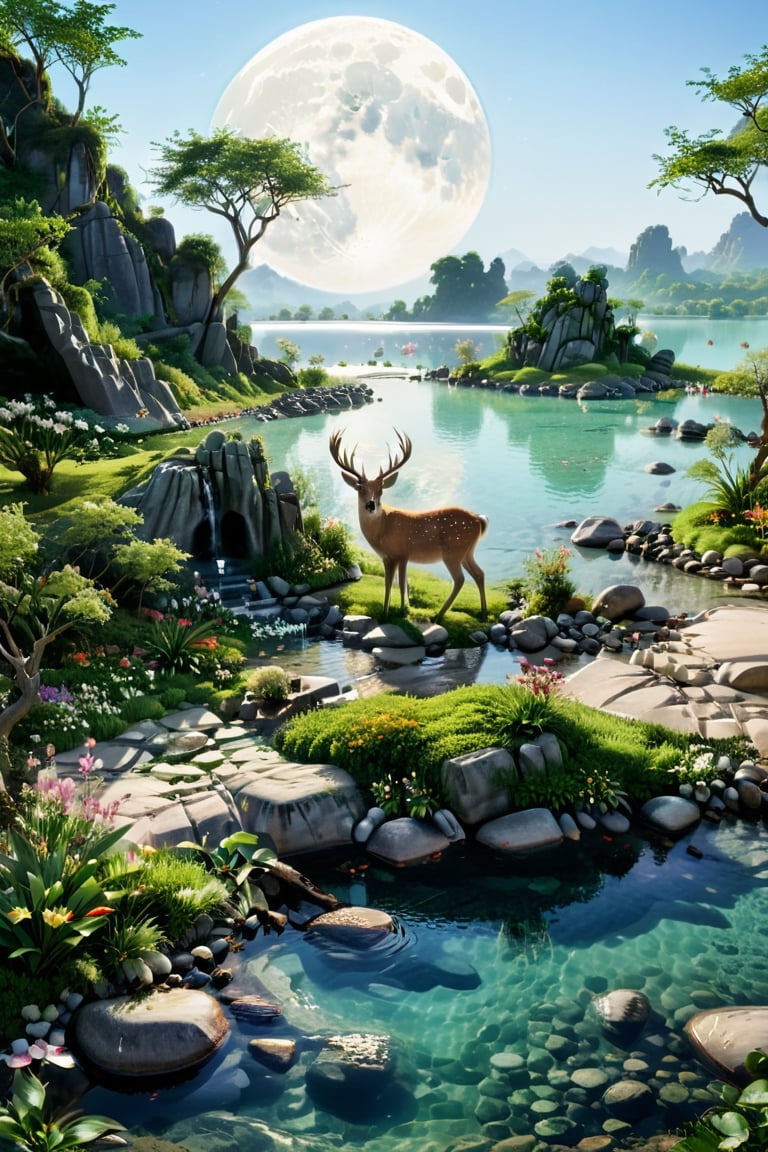 a photography,there is a hut and a deer and its two children,a masterpiece, an oasis with a spring in the middle of the forest with clear bluish green water, there is a big spring, you can see rocks in the water. The sand is white, around the oasis there are trees big banyan and bushes, around it there is grass, colorful flowers, neatly arranged rocks, deer on top of the oasis and drinking water. Seeing the clear water, the night atmosphere is brightly lit by light Full Moon, 16k, uhd, more detail XL, very detail,focus and carefully,Very Realistic,shot from hasselblad camera,camera_view