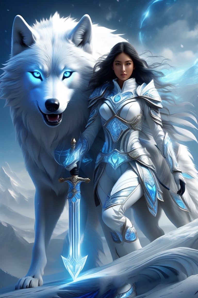 beautiful girl riding a wolf, wearing a form-fitting white winter outfit with glowing fractal elements, cobalt goddess of love armor and white leggings, black hair, Giant Wolf Rider, high-quality, high-detail, photorealistic and stunning full-body poses.UHD 16k , colorful aura, radiant, framing: (ground level angle, front), (((delicate lips,))),more details XL,DonMM4g1cXL