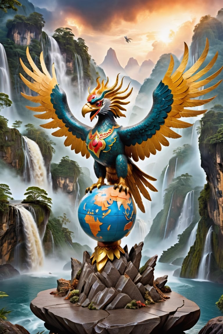 photography of a giant Garuda bird standing on a stone ball similar to a globe showing a map of Indonesia, golden white Garuda wings, lightning and lightning effects, golden eyes, fog, background of waterfalls and rivers from the mountains, facial patterns, tattoos, fire, sunlight, Sanskrit, Makeup, More Detail,open mouth,Very Realistic,looking at the viewer,framing ((knee level angle,frontal)) colored neon