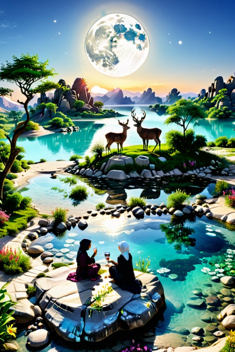 an landscape,there is a hut and a deer and its two children,a masterpiece photography , an oasis with a spring in the middle of the forest with clear bluish green water, there is a big spring, you can see rocks in the water. The sand is white, around the oasis there are trees big banyan and bushes, around it there is grass, colorful flowers, neatly arranged rocks, deer on top of the oasis and drinking water, there is a girl wearing a hijab who sits with a happy face on the edge of the oasis. Seeing the clear water, the night atmosphere is brightly lit by light Full Moon, 16k, uhd, more detail XL, Very Realistic