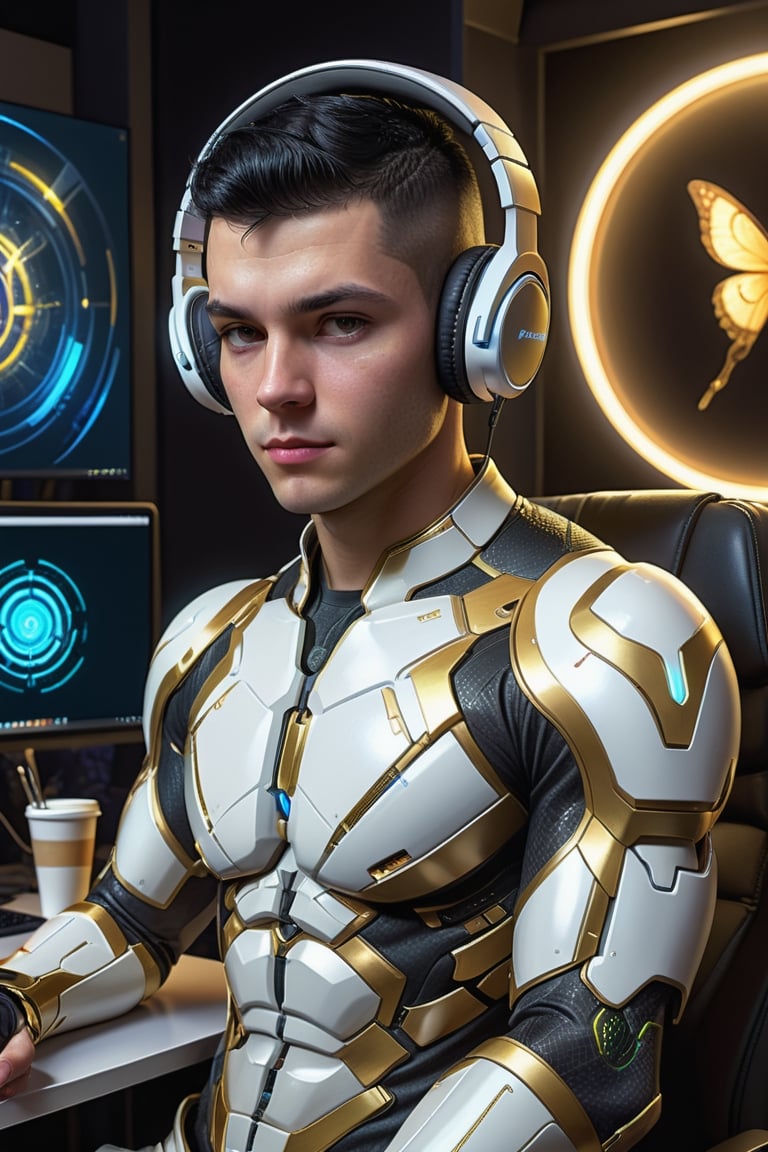 Man,black hair and buzz cut, wearing bluetooth headphones, E-sport uniform, sci-fi room, laptop,coffee, colorful, ultra highly detailed, 32 k, Fantastic Realism complex background, dynamic lighting, lights, digital painting, intricated sitting pose, looking at viewer, highly detailed intricated, stunning, textures, iridescent and luminescent scales, white and gold fractal,breathtaking beauty, pure perfection, divine presence, unforgettable, impressive, volumetric light, auras, rays, vivid colors reflects, sf, greg rutkowski,detailmaster2