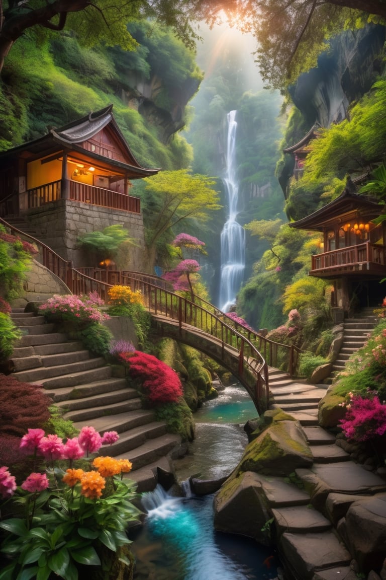 An old, haunted, uninhabited hut, on the edge of a rocky ravine, backed by a waterfall,colorful koi fish and flowers on either side of the stairs,curved bridge leading to stairs, The street floor and stairs are made of neatly laid stone, overgrown with wild plants, surrounded by large trees with spreading roots, creating a mystical atmosphere full of mystery. best quality, masterpiece, 16K, (HDR:1.4) , high contrast, lens flare, (vibrant color:1.4), (muted colors, dim colors, soothing tones:0), cinematic lighting, ambient lighting, Exquisite details and textures, cinematic shot,Extremely Realistic