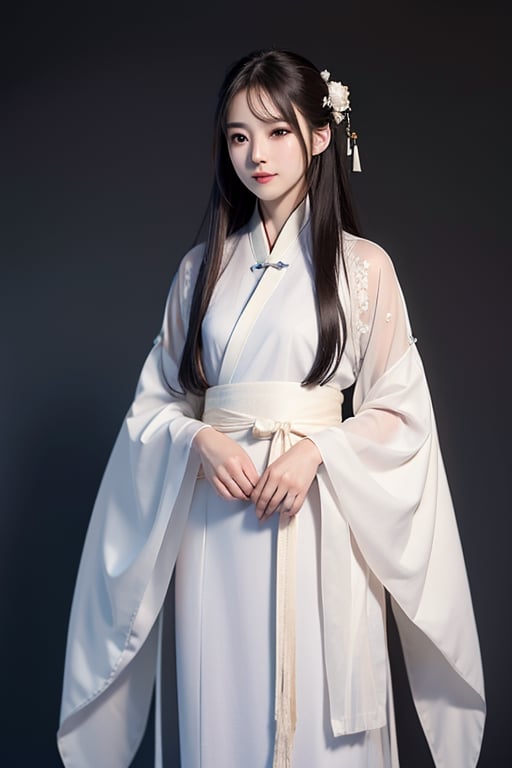 masterpiece, best quality, photorealism, original photo, 1girl, long hair, shirt, small smile, delicate skin, pores, full body hollow, gauze hanfu, low profile, black_background