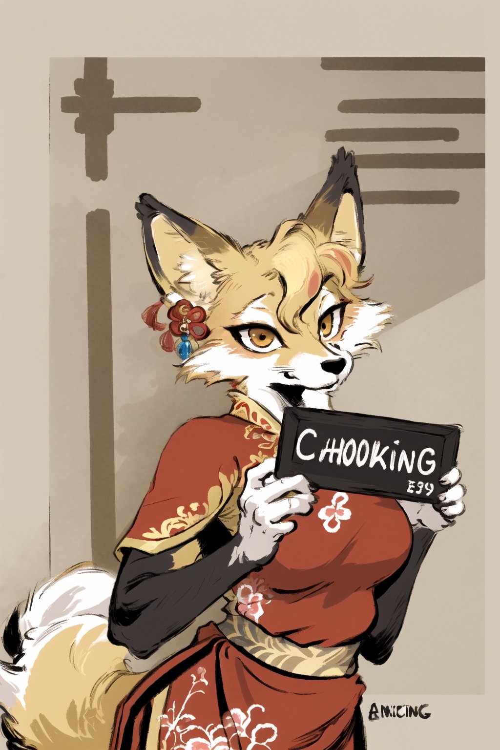 masterpiece,highres,furry fox girl,solo,blonde,chinese dress, hair ornament, anicent chinalooking at viewer, ,concept_ken_mugshot_ownwaifu