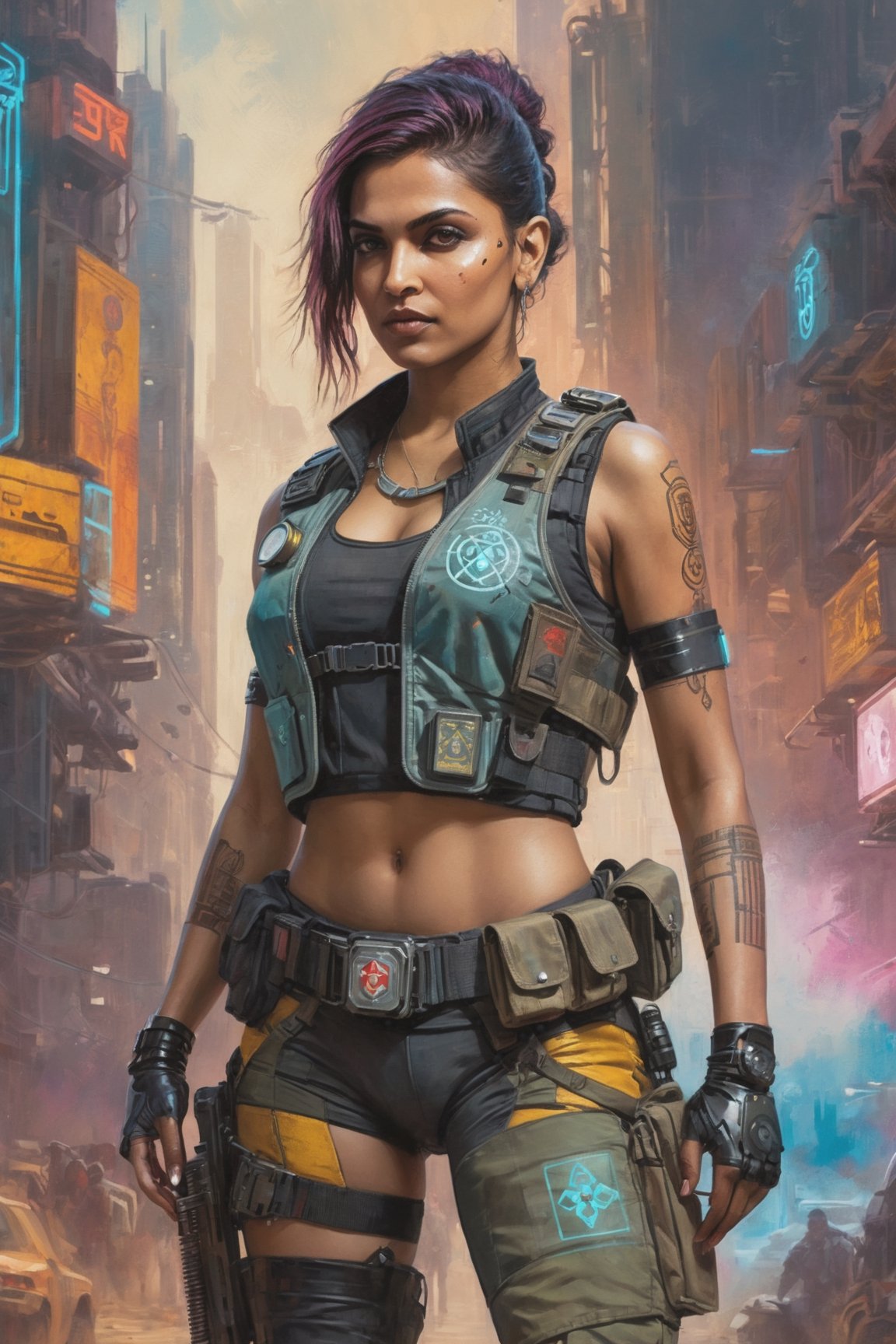 detailed full-length picture, masterpiece, best quality, ultra high resolution, visually stunning, beautiful, award-winning art (abstract art: 1.3), beautiful ))) an illustration for a role-playing game in the cyberpunk genre.( The indian girl is 28 years old). A combat medic is a mercenary of a mega corporation. In the field medic's field cyberpunk outfit. In a cyberpunk bulletproof vest with medical symbols. With a cyberpunk medical kit in the pouch. .Watercolor, trending on artstation, sharp focus, studio photo, intricate details, highly detailed, by greg rutkowski, more detail XL, hyper detailed, realistic, oil painting, by julie bell, frank frazetta, cinematic lighting,(DeepikaPadukone)