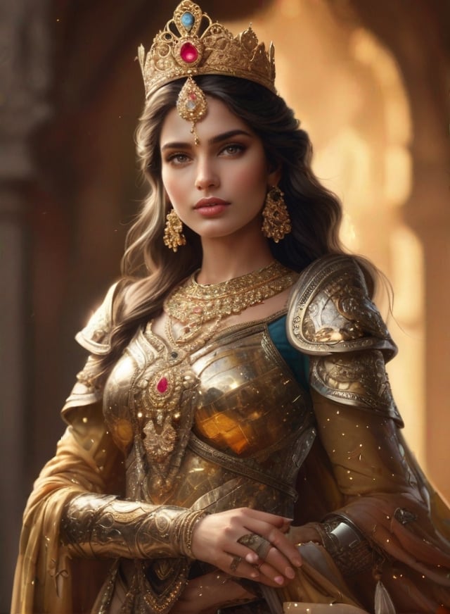 (Full body view), (Masterpiece), (best quality), (highly detailed eyes)), (( a  beautiful Indian women stands tall in a celestial realm, dusky, dark skin)), She has perfect proportions, she is adorned in engraved armour of solid gold, encrusted with diamonds, rubies, emeralds and sapphires. The armour covers her entire torso. She has an incredibly beautiful face.  She is holding an ornate golden staff that is capped with a huge diamond in her right hand, the angel exudes a sense of strength and divine presence. The intricate details of the angel's golden trim and the delicate feathers of its wings are meticulously rendered, highlighting the beauty and grandeur of this heavenly being, She is breathtakingly beautiful. She has long, flowing dark brown hair and grey eyes and she wears an ornate golden crown adorned with diamonds and precious stones ,LinkGirl,cyborg style,FilmGirl,1 girl,blurry_light_background,flower4rmor,Flower,medieval armor,photo r3al