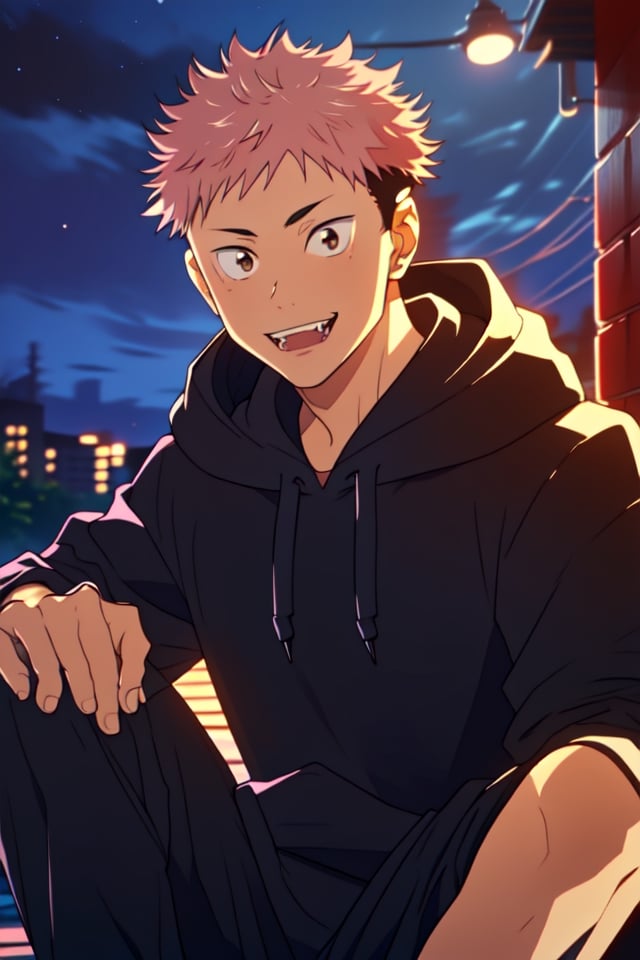 masterpiece,best quality,highly detailed character,1boy,solo,male focus,itadori_yuuji, pink hair, undercut,brown eyes,looking at viewer,smile, ,night,arms, black hoodie,black jeans, fangs,dead skin color,cute,shota