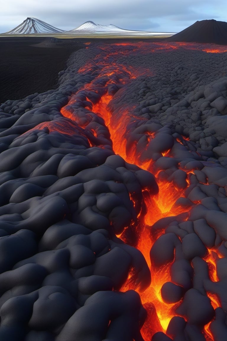 Iceland, volcanic lava flow, medium and long distance, high definition, real, shocking