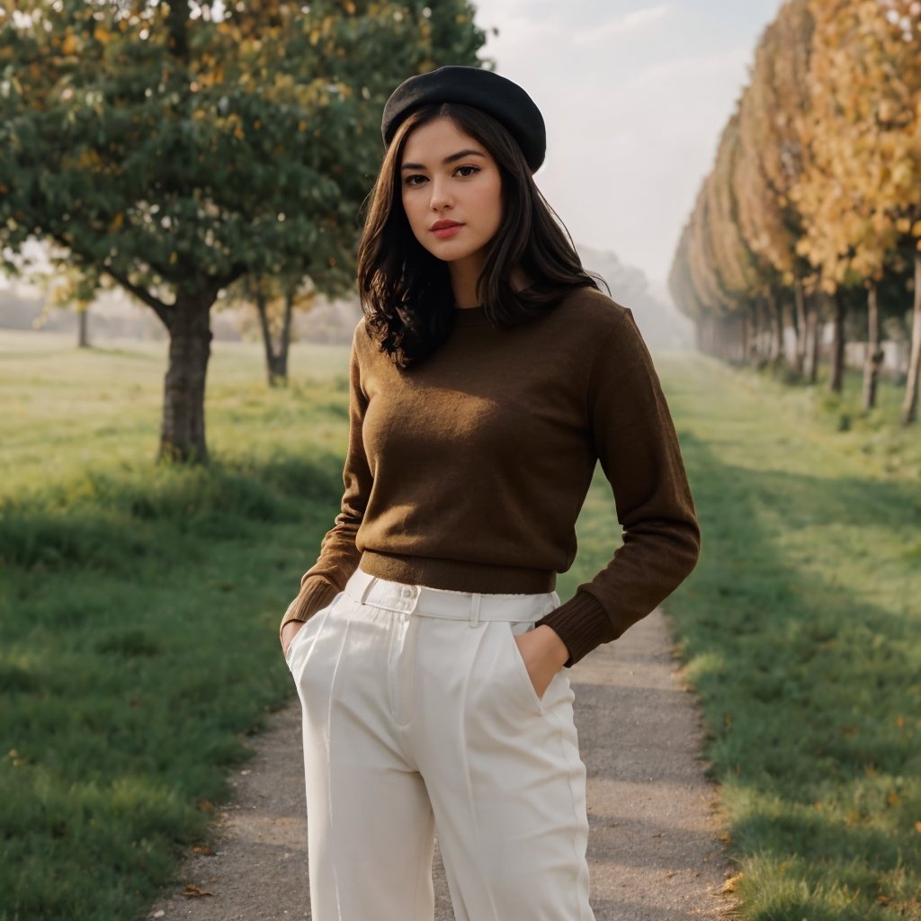 Generate hyper realistic image of a woman standing outdoors, her long brown hair gently swaying in the autumn breeze. She wears a sweater with long sleeves, black pants, and black footwear. A French hat adorns her head, complementing the black headwear. Behind her, a tall tree with leaves turning golden. The air is crisp, and a single leaf flutters down.photorealistic