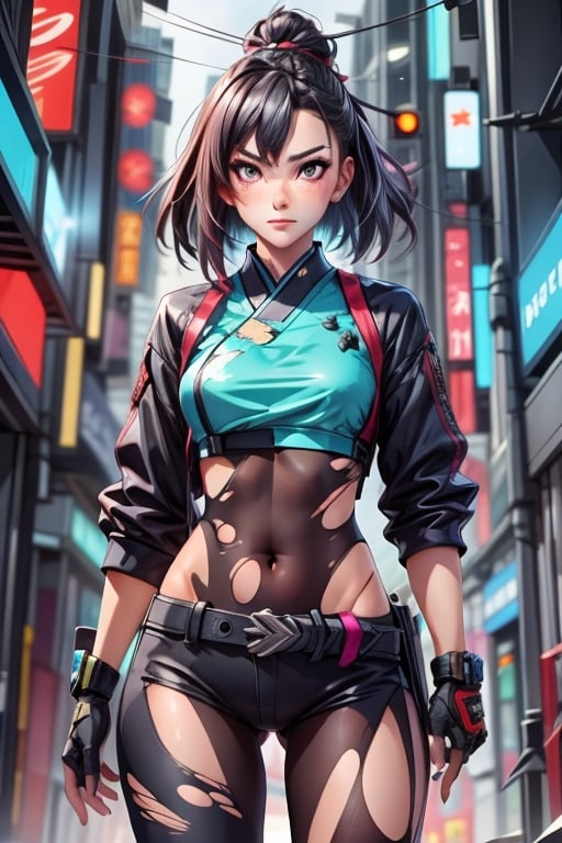 ninja warrior woman, cyberpunk style, gothick, modern costume, sword in hand, beautiful face, torn clothes, battle background, good quality japanese style, 4k
