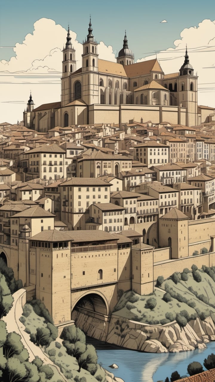 (Grzegorz Rosiński style:0.8) , (Janusz Christa style:1.2) , 

Panorama Toledo, Spain 1480, 
 
 realistic,  draw,Comic book Janusz Christa  style, Vector Drawing, ink lines, professional, 4k,  colors, vintage, ,Flat vector art,Vector illustration,flat design,Illustration,illustration,Comic Book-Style 2d,more detail XL