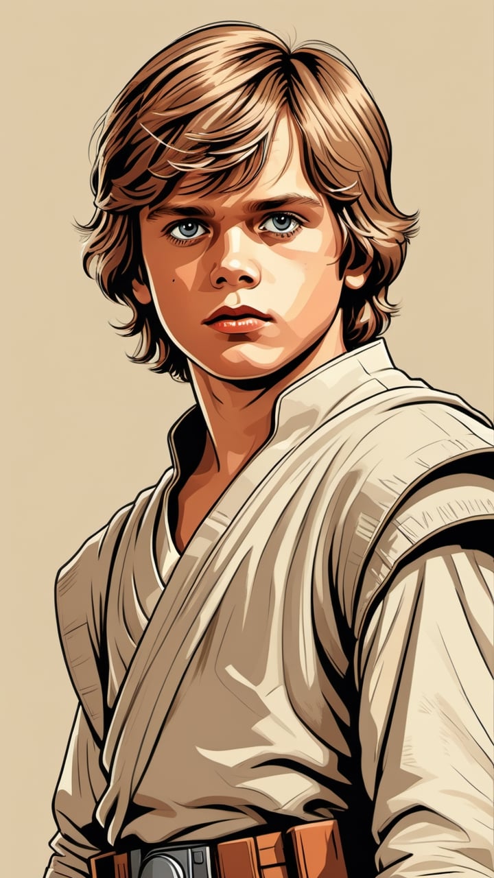 (Grzegorz Rosiński style:0.8) , (Janusz Christa style:1.2) , 

Young beautiful boy look like young Luke Skywalker from "Star Wars",
 
 realistic,  draw,Comic book Janusz Christa  style, Vector Drawing, ink lines, professional, 4k,  colors, vintage, ,Flat vector art,Vector illustration,flat design,Illustration,illustration,Comic Book-Style 2d,more detail XL