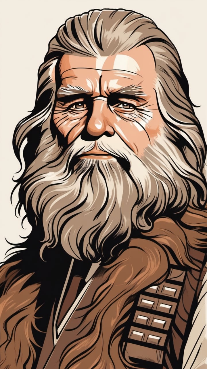 (Grzegorz Rosiński style:0.8) , (Janusz Christa style:1.2) , 
Old men look like Old Chewbacca from "Star Wars", 
 realistic,  draw,Comic book Janusz Christa  style, Vector Drawing, ink lines,
 , professional, 4k,  colors, vintage, ,Flat vector art,Vector illustration,flat design,Illustration,illustration