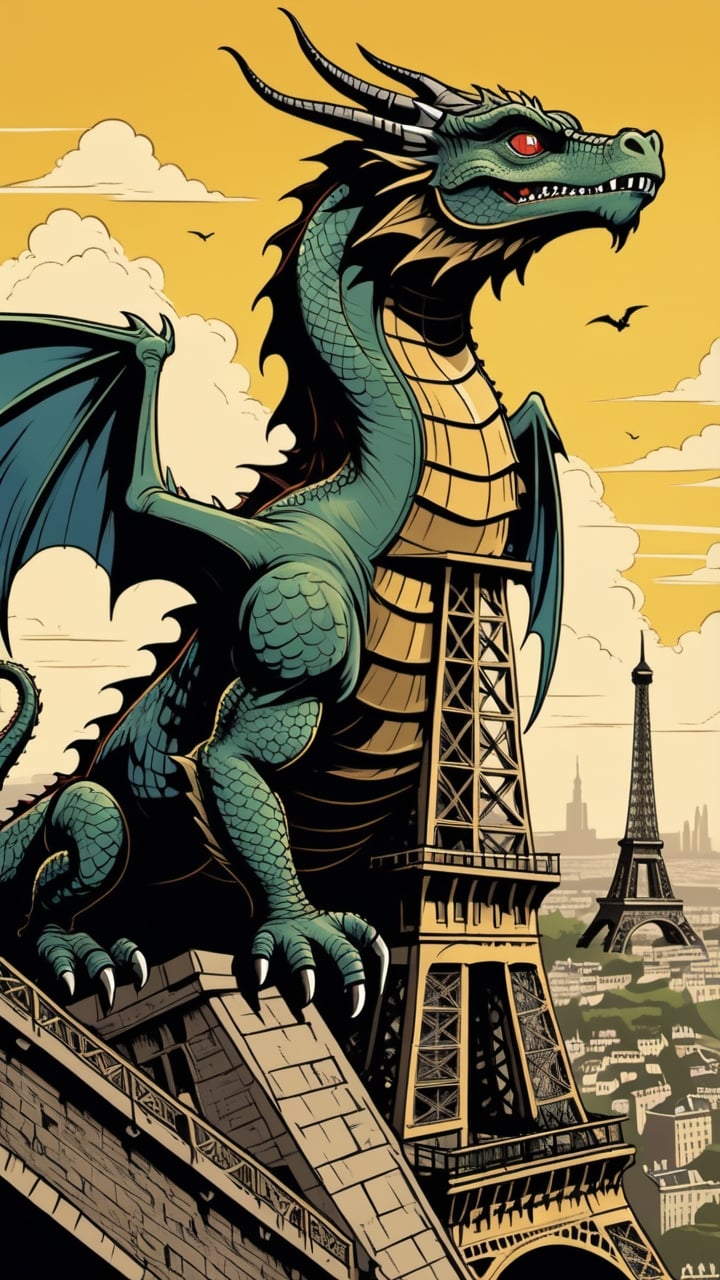(Grzegorz Rosiński style:0.8) , (Janusz Christa style:1.2) , 

Dragon on Eifel tower like from movie King Kong, 
 
 realistic,  draw,Comic book Janusz Christa  style, Vector Drawing, ink lines, professional, 4k,  colors, vintage, ,Flat vector art,Vector illustration,flat design,Illustration,illustration,Comic Book-Style 2d,more detail XL