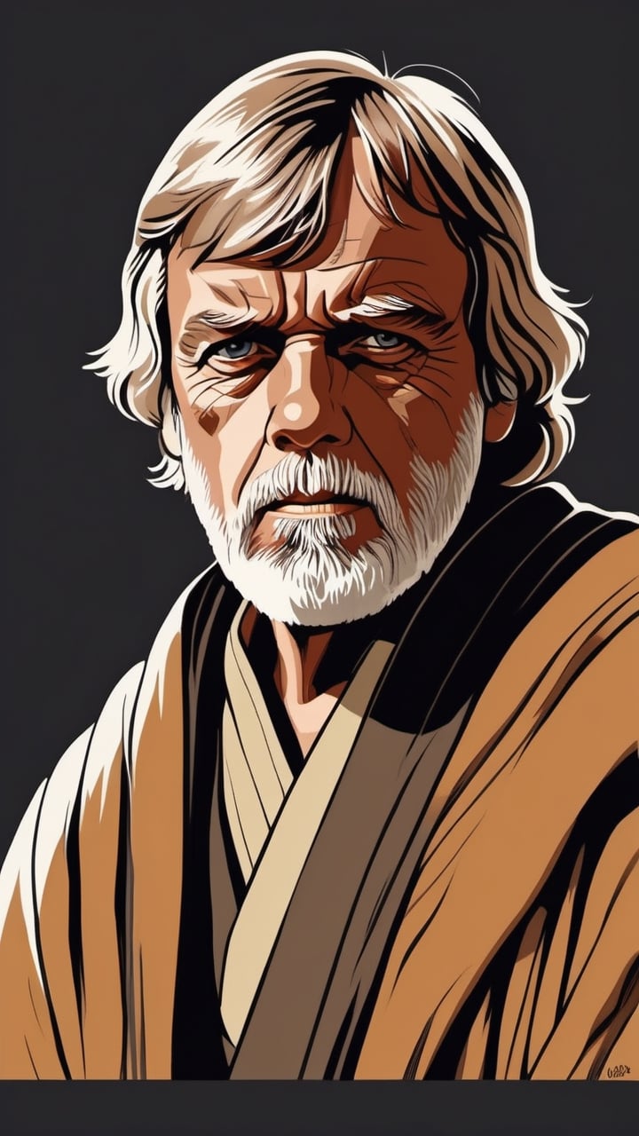 (Grzegorz Rosiński style:0.8) , (Janusz Christa style:1.2) , 
Old men look like Old Luke Skywalker from "Star Wars", 
 realistic,  draw,Comic book Janusz Christa  style, Vector Drawing, ink lines,
 , professional, 4k,  colors, vintage, ,Flat vector art,Vector illustration,flat design,Illustration,illustration