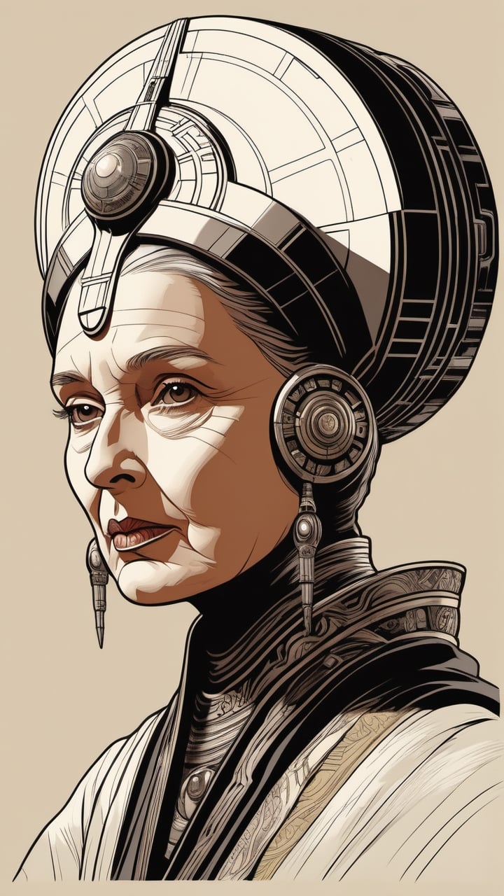 (Grzegorz Rosiński style:0.8) , (Janusz Christa style:1.2) , 
Old beautiful woman look like Old Amidala from "Star Wars", 
 realistic,  draw,Comic book Janusz Christa  style, Vector Drawing, ink lines,
 , professional, 4k,  colors, vintage, ,Flat vector art,Vector illustration,flat design,Illustration,illustration