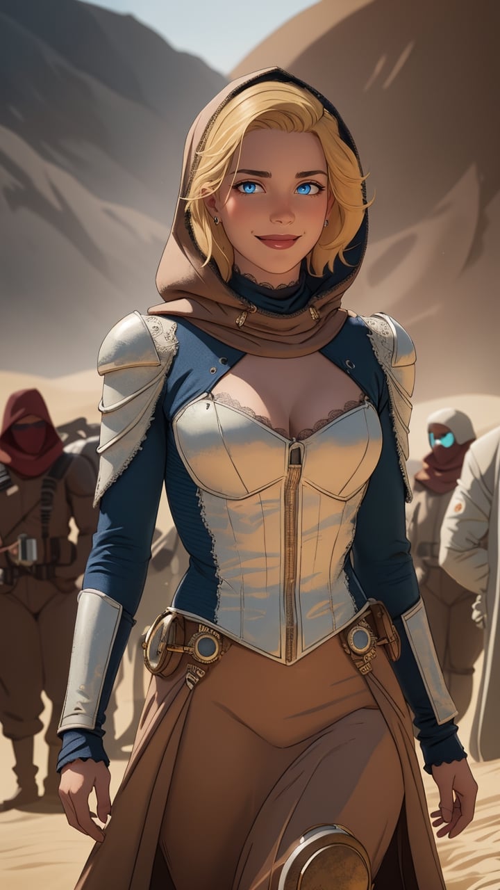  planet Arrakis, steampunk, A beautiful young woman with medium short blonde hair and intense blue eyes who is talking to other people standing with their backs to the observer, eyes completely fully blue,transparent lace mask, delicate smile,
sand, desert on the planet's dune, Fremen suit, all body parts covered, outfit looks like a loose Bedouin suit with a hood, Fremen area,
DSLR Photography, shot with a 50mm lens at f/2.1, blurred, blurry background, cinematic film still, cinematic photo , bokeh, professional, 4k, highly detailed . shallow depth of field, vignette, highly detailed, high budget Hollywood movie, bokeh, cinemascope, moody, epic, gorgeous, film grain, grainy . Textured, distressed, vintage, edgy,Movie Still,Extremely Realistic,steampunk style,more detail XL,mercy graves