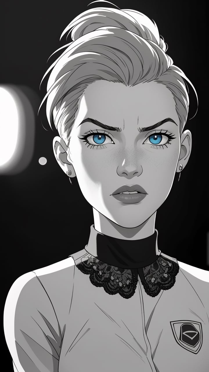 Beautiful woman with short midi hair and intense blue eyes, 
 , bokeh, professional, 4k, highly detailed . shallow depth of field, vignette, highly detailed, bokeh, moody, epic, gorgeous, film grain, distressed, vintage, edgy,Extremely Realistic,more detail XL,High detailed ,mercy graves,veronica,monochrome